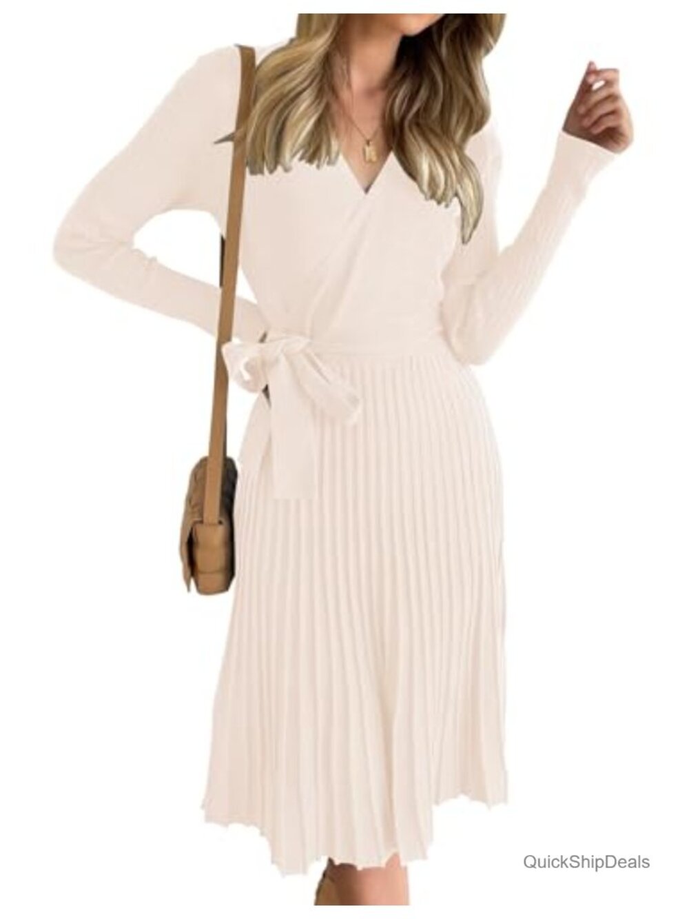Long Sleeve Wrap Midi Sweater Dress V-Neck Ribbed Knit Wedding Guest